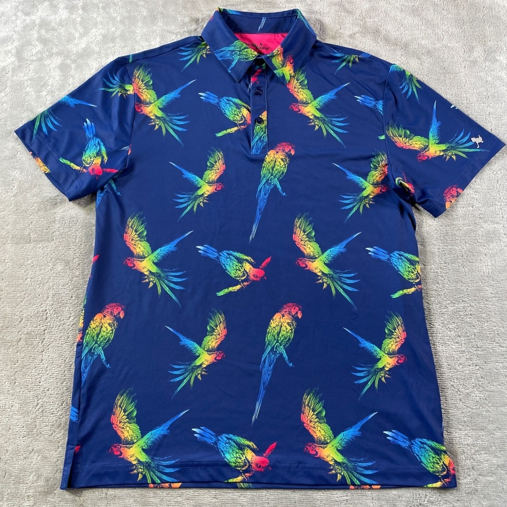 Birdie Bound Polo Shirt Mens Small Blue Parrot Golf Stretch Preppy Light Topical